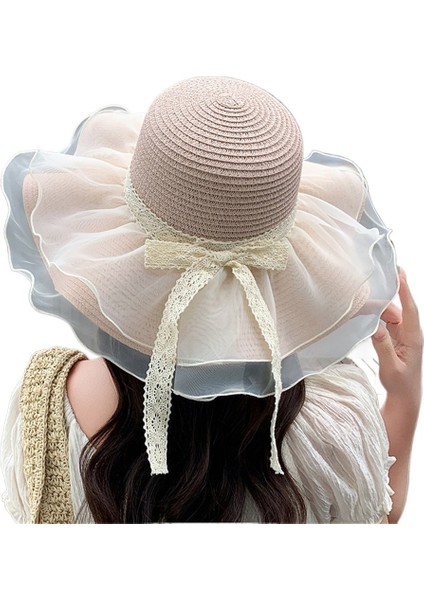 Yeni Düz Renk File Güneş Şapkası Açık Deniz Tatili Güneş Şapkası Dantel Kurdele Hasır Şapka Kadınlar Için Güneş Şapkası (Yurt Dışından)
