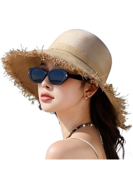 Yeni Stil Dikişli Hasır Şapka Kadın Yaz Deniz Kenarı Tatil Plaj Şapkası Güneş Şapkası Anti-Ultraviyole Güneş Şapkası (Yurt Dışından)