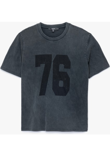 Regular Fit Kısa Kollu Bisiklet Yaka Yıkamalı Pamuklu Baskılı Tişört