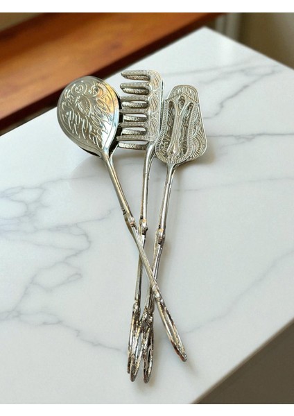 Lüks 3'lü Maşa Servis Sunum Seti Şık Sofralar Için Metal Servis Kaşığı/servis Maşası/servis Çatalı