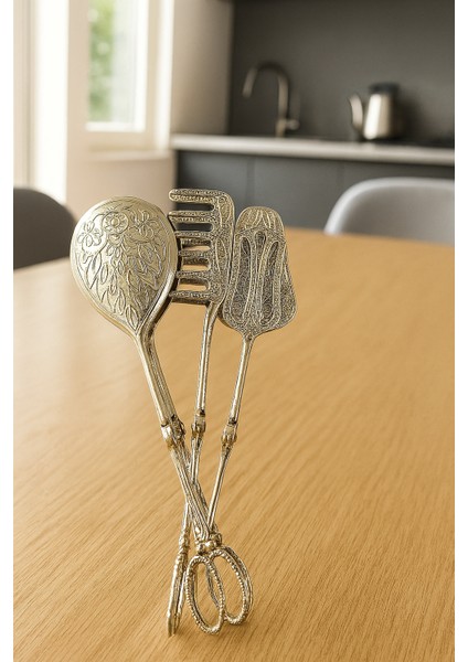 Lüks 3'lü Maşa Servis Sunum Seti Şık Sofralar Için Metal Servis Kaşığı/servis Maşası/servis Çatalı indirimleri