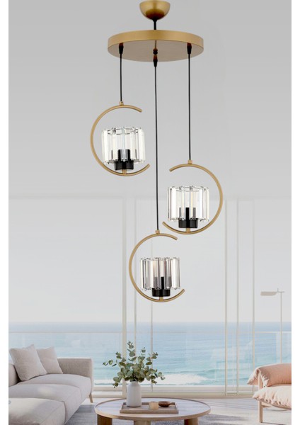 ESSLİGHT EFTAL 3 LÜ ESKİTME SARKIT AVİZE (KRİSTAL TAŞLI) SALON MUTFAK YATAK ODASI GENÇ ODASI OFİS