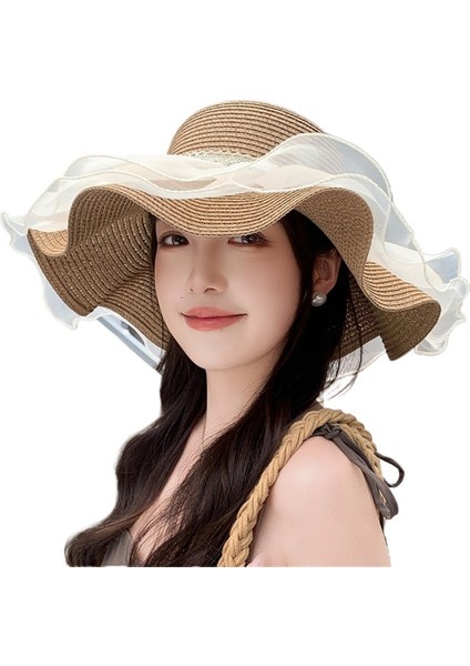 Yeni Düz Renk File Güneş Şapkası Açık Deniz Tatili Güneş Şapkası Dantel Kurdele Hasır Şapka Kadınlar Için Güneş Şapkası (Yurt Dışından)
