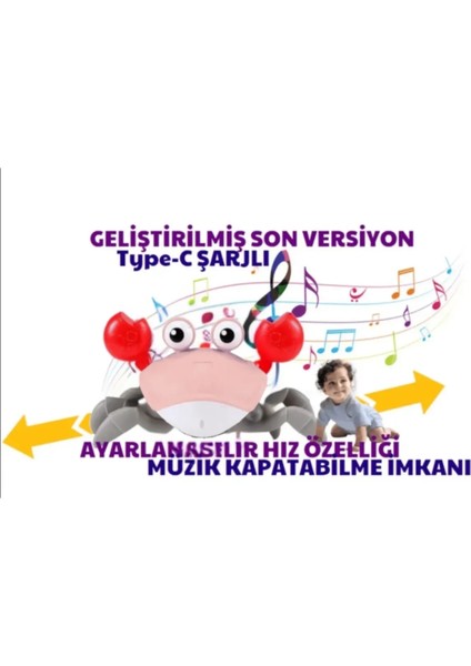 Emeklemeye Yardımcı 3 Hız Kademeli Kapatıp Açılabilen Müzikli Sensörlü Şarjlı Yengeç Oyuncak (Sarı)
