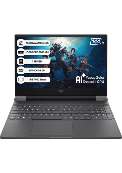 Victus 15-FB3006NT AMD Ryzen 9 8945HS 16GB 1TB SSD RTX4060 Freedos 15.6" Taşınabilir Bilgisayar B82WCEA
