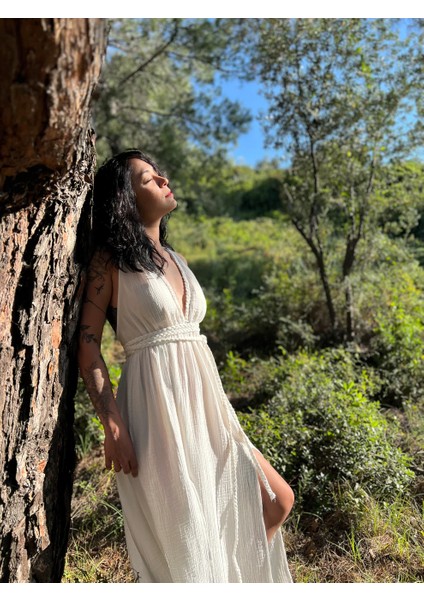 Beyaz Bohem Askılı Çapraz Sırt Bağlamalı Elbise fiyatları