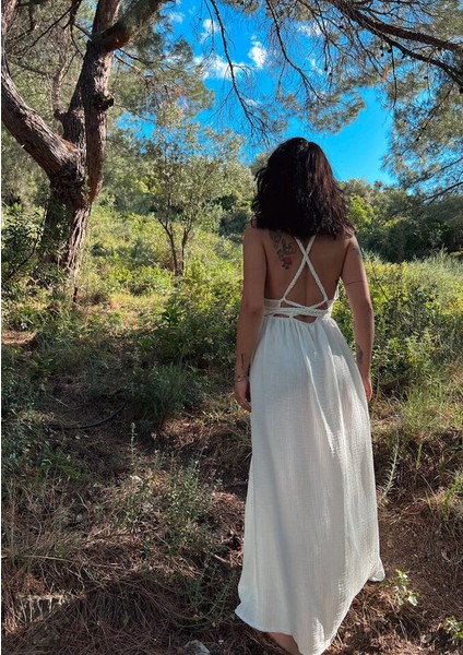 Beyaz Bohem Askılı Çapraz Sırt Bağlamalı Elbise modelleri