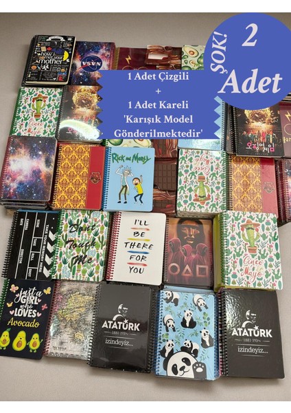 2 Ad. Sert Kapaklı Kreatif Baskılı Defter Spiralli 160 Sayfa Okul-Ofis Not Defteri Karışık Gönderim