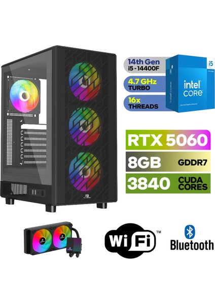 Şafak-Gaming Pc Ddr5 -Rtx 5060 8gb – Intel I5 14400F – 32GB -64GB Ddr5 Ram – 1 Tb M.2 SSD - Sıvı Sogutmalı - Windows 11 Pro Masaüstü Bilgisayar