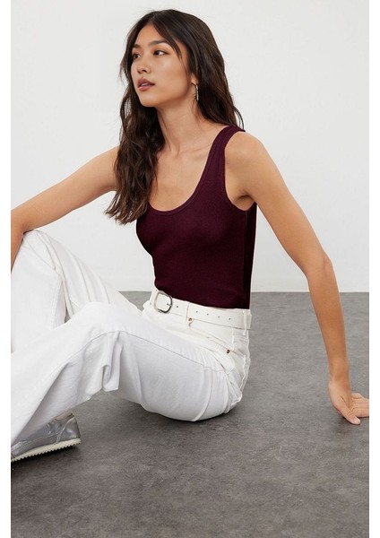 Bordo Fitted Havuz Yaka Fitilli Esnek Örme Atlet fiyatları