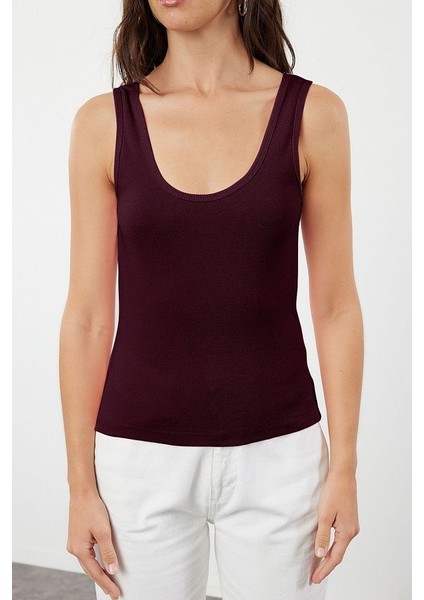 Bordo Fitted Havuz Yaka Fitilli Esnek Örme Atlet modelleri