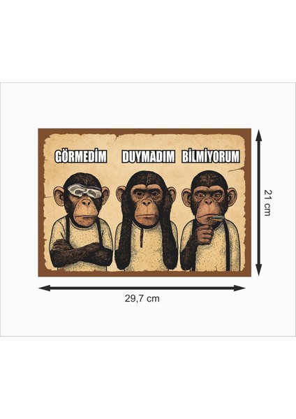 Üç Maymun Görmedim Duymadım Bilmiyorum Dekoratif Retro Ahşap Poster fiyatları