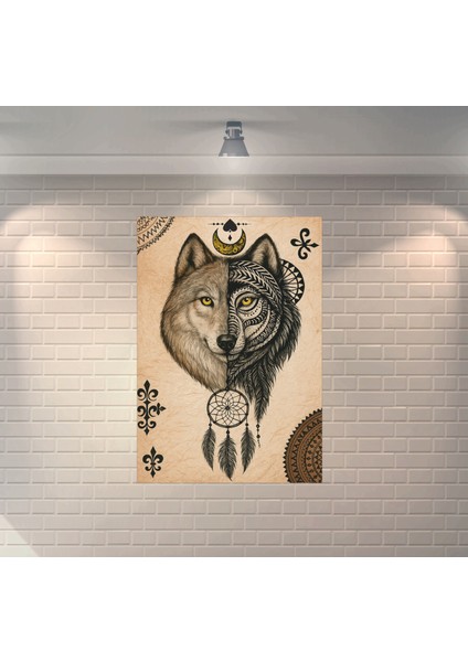 Türk Börü Kurt Mitoloji Dekoratif Retro Ahşap Poster