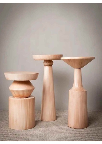 Doğal Masif Ahşap Mantar Sehpa 3’lü Set – Naturel Renk Şık Yan Sehpa ve Zigon