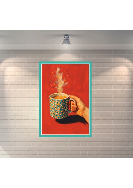 Kahve Bardağı Renkli Çerçeve Görünümlü Dekoratif Retro Ahşap Poster