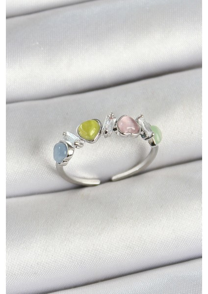 Pirinç Sıralı Kalp Figürlü Zirkon Taşlı Gümüş Renk Ayarlanabilir Kadın Yüzük