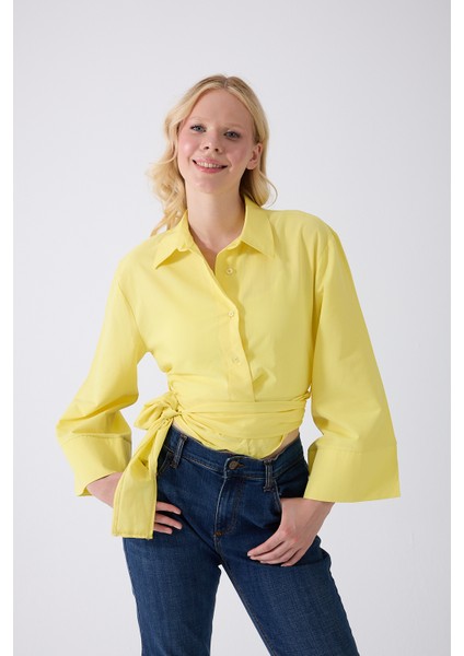 Kadın Sarı Ispanyol Kol Bağlamalı Beli Kuşaklı Gömlek