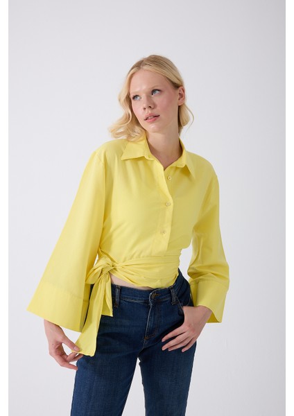 Kadın Sarı Ispanyol Kol Bağlamalı Beli Kuşaklı Gömlek modelleri