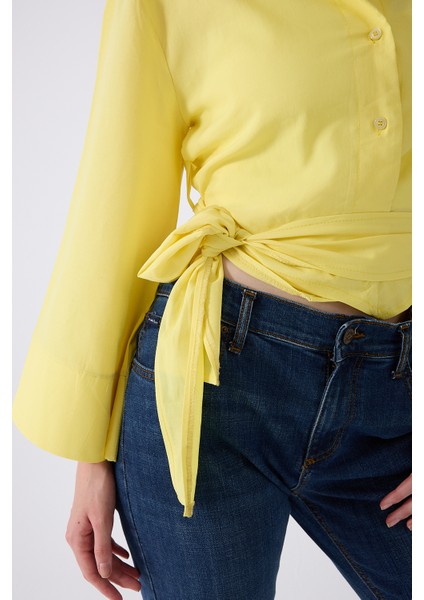 Kadın Sarı Ispanyol Kol Bağlamalı Beli Kuşaklı Gömlek