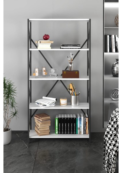 5 Raflı Dekoratif Kitaplık 180 cm Beyaz