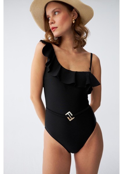 Kadın Tek Omuz Fırfırlı Mayo Siyah 34025