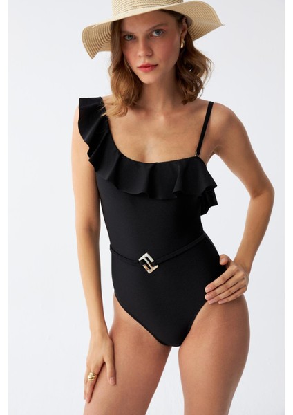 Kadın Tek Omuz Fırfırlı Mayo Siyah 34025 fiyatları