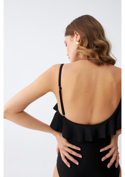 Kadın Tek Omuz Fırfırlı Mayo Siyah 34025 indirimleri