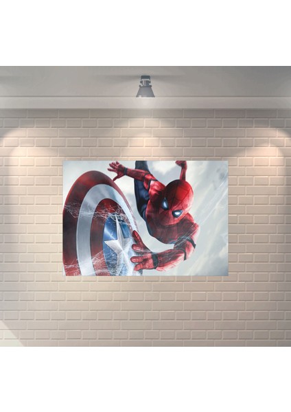 Örümcek Adam Kaptan Amerika'nın Kalkanını Ağıyla Kapıyor Dekoratif Ahşap Poster