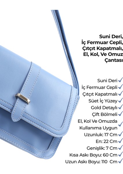 Mavi Shk127 Deri Iç Fermuar Cepli Çıtçıt Kapamalı El,Kol Ve Omuz Çantası U:17 E:22 G:7 Cm