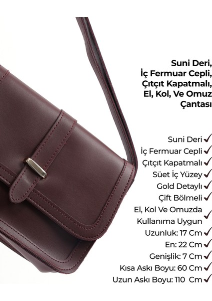 Bordo SHK127 Suni Deri Iç Fermuar Cepli Çıtçıt Kapamalı El,kol ve Omuz Çantası U:17 E:22 G:7 cm