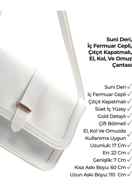 Beyaz Shk127 Deri Iç Fermuar Cepli Çıtçıt Kapamalı El,Kol Ve Omuz Çantası U:17 E:22 G:7 Cm