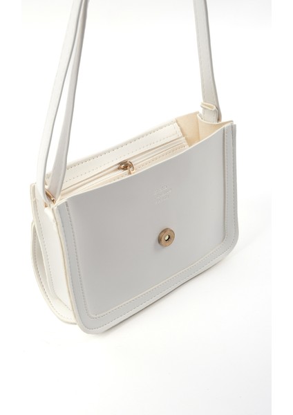 Beyaz Shk127 Deri Iç Fermuar Cepli Çıtçıt Kapamalı El,Kol Ve Omuz Çantası U:17 E:22 G:7 Cm