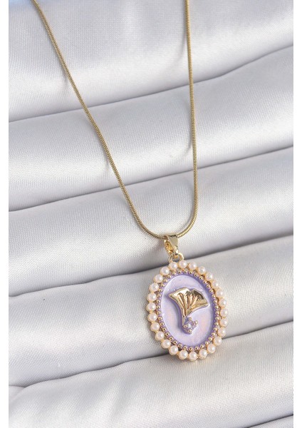 316L Çelik Gold Renk Zincir Mor Mineli Incili Zirkon Taşlı Çiçek Işlemeli Portre Model Kadın Kolye