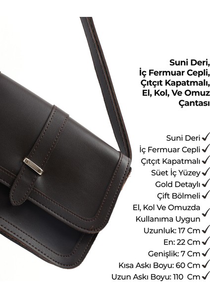 Kahve Rengi SHK127 Suni Deri Iç Fermuar Cepli Çıtçıt Kapamalı El,kol ve Omuz Çantası U:17 E:22 G:7 cm