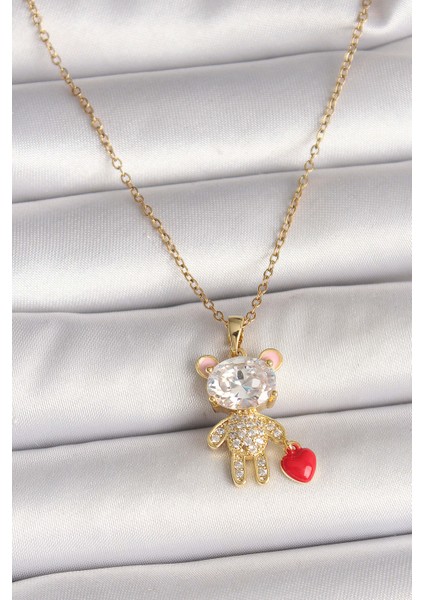 316L Çelik Gold Renk Zincir Zirkon Taşlı Ayıcık Model Kırmızı Kalp Detay Kadın Kolye