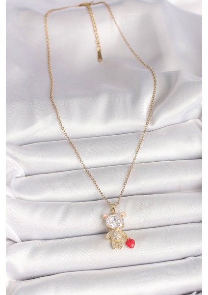 316L Çelik Gold Renk Zincir Zirkon Taşlı Ayıcık Model Kırmızı Kalp Detay Kadın Kolye fiyatları