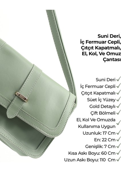 Mint Yeşil SHK127 Suni Deri Iç Fermuar Cepli Çıtçıt Kapamalı El,kol ve Omuz Çantası U:17 E:22 G:7 cm