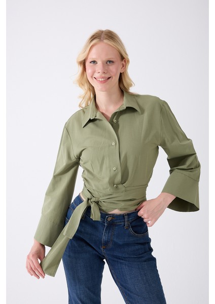 Kadın Haki Ispanyol Kol Bağlamalı Beli Kuşaklı Gömlek