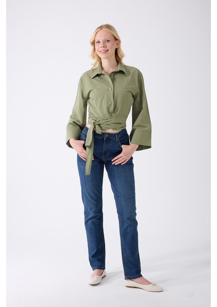 Kadın Haki Ispanyol Kol Bağlamalı Beli Kuşaklı Gömlek fiyatları