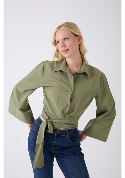 Kadın Haki Ispanyol Kol Bağlamalı Beli Kuşaklı Gömlek fırsatları