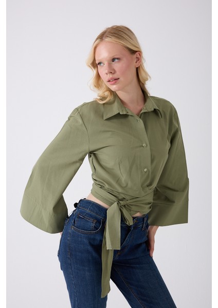 Kadın Haki Ispanyol Kol Bağlamalı Beli Kuşaklı Gömlek indirimleri