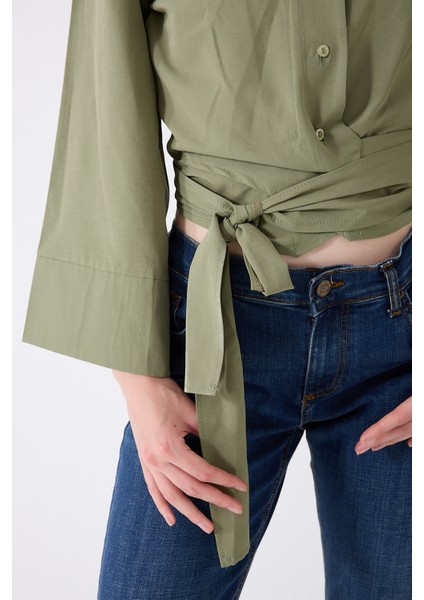 Kadın Haki Ispanyol Kol Bağlamalı Beli Kuşaklı Gömlek