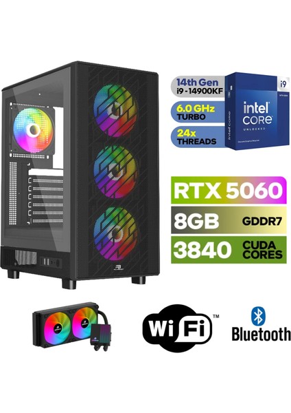 Şafak-Gaming Pc Ddr5 -Rtx 5060 8gb – Intel I9 14900KF – 32GB -64GB Ddr5 Ram – 1 Tb M.2 SSD - Sıvı Sogutmalı - Windows 11 Pro Masaüstü Bilgisayar
