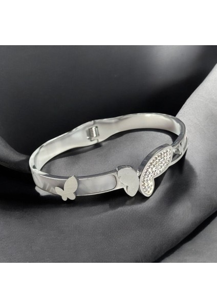 Kelebek ve Sedef Detaylı Şık Çelik Kelepçe