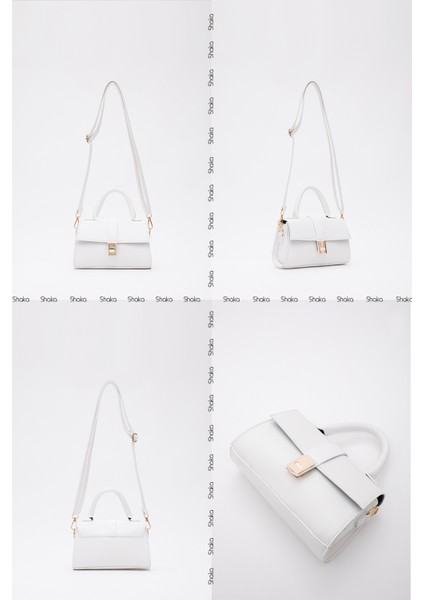 Beyaz Shk109 Deri Çıtçıtlı Ayarlanabilir Askılı Kadın El, Kol Ve Omuz Çantası U:11 E:19 G:7 Cm