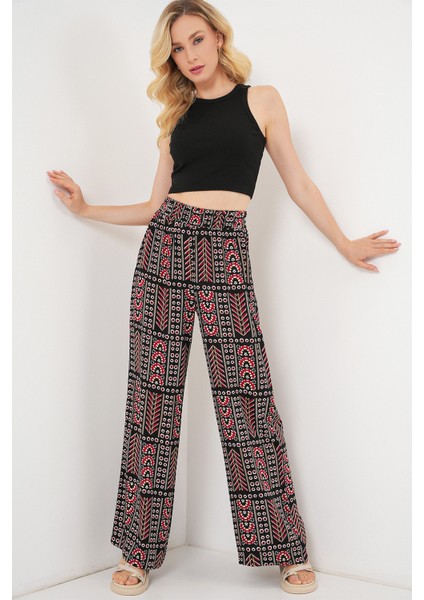 Kadın Desenli Viskon Pantolon 6749 - Siyah