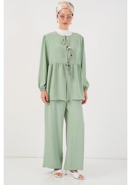 Kadın Önü Bağcıklı Tunik Pantolon Ikili Takım 6744 - Mint