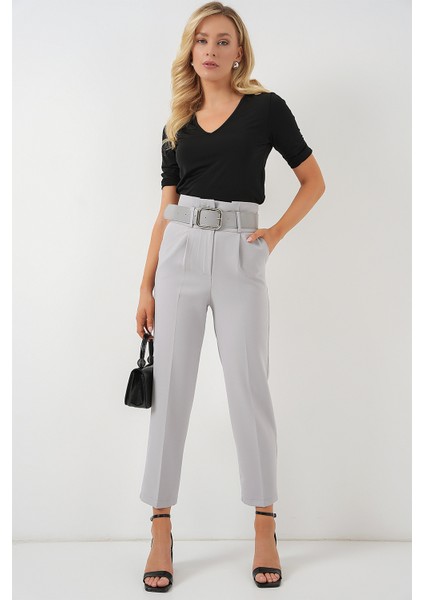 6556 Kemerli Kumaş Pantolon - Gri modelleri