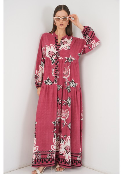 Kadın Desenli Uzun Tesettür Elbise 2585 - Gül Kurusu