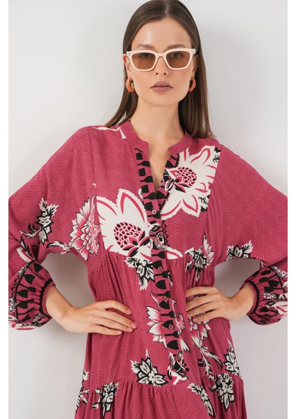 Kadın Desenli Uzun Tesettür Elbise 2585 - Gül Kurusu fiyatları